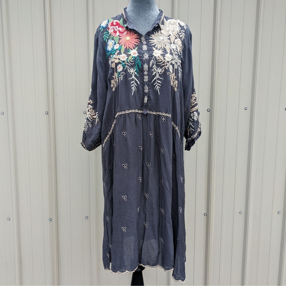 Johnny Was Azzy Embroidered Tunic Dress XL Cupra Rayon Floral Button Front Boho